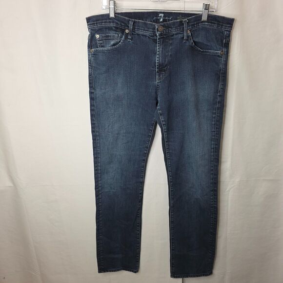 7 For All Mankind Men’s 36x31 Slimmy Blue Jeans Dark Wash Stretch Distressed - Picture 2 of 12